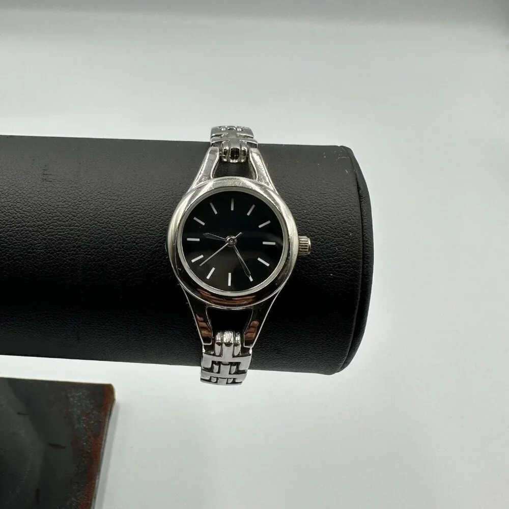 3/$30 Women Watch Silver Tone Round Black Dial Classic Minimalist 6.75